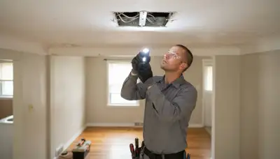 Cleveland, OH electrician inspecting ceiling box support with a flashlight for safe ceiling fan installation