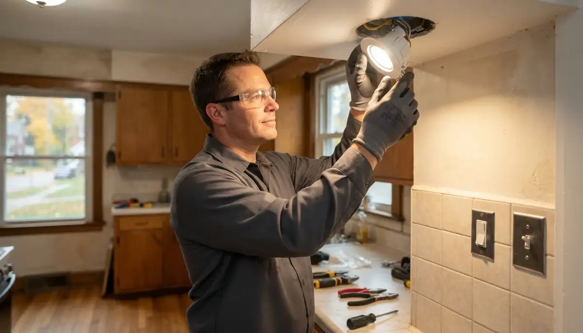 Cleveland, OH electrician aims a newly installed light fixture and tests its dimmer control