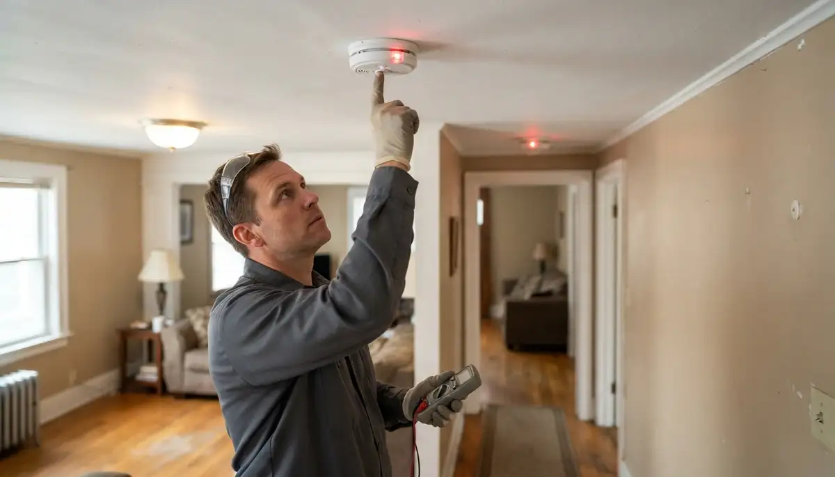Electrician presses a ceiling smoke detector test button to verify interconnected alarms in a Cleveland, OH home