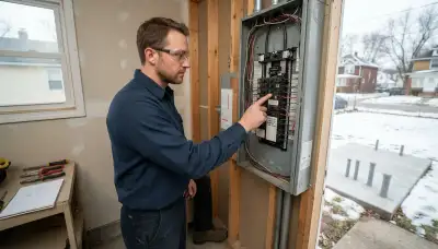 Electrician in Cleveland, OH tracing essential circuits in an open load center for generator installation