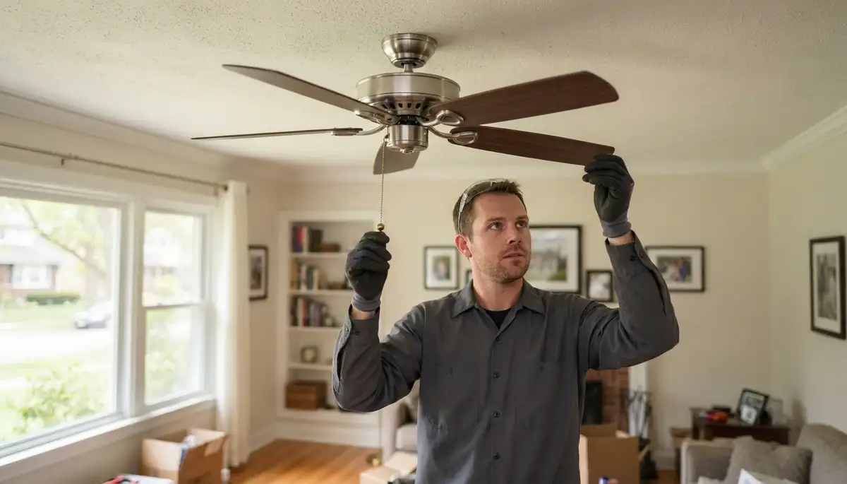 Electrician checks ceiling fan blade balance and canopy fit during installation in Cleveland, OH