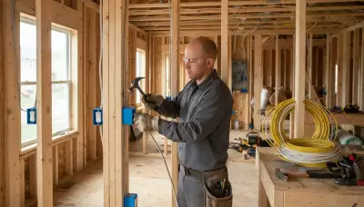 Electrician installing electrical boxes and routing cable through studs during Cleveland, OH new construction wiring