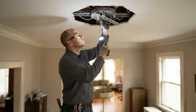 Cleveland, OH electrician inspects ceiling box support with a flashlight before chandelier installation