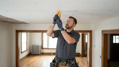 Cleveland, OH electrician measures recessed lighting positions and locates ceiling joists with a stud finder