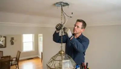 Electrician secures and wires a chandelier to a rated brace during installation in a Cleveland, OH home.