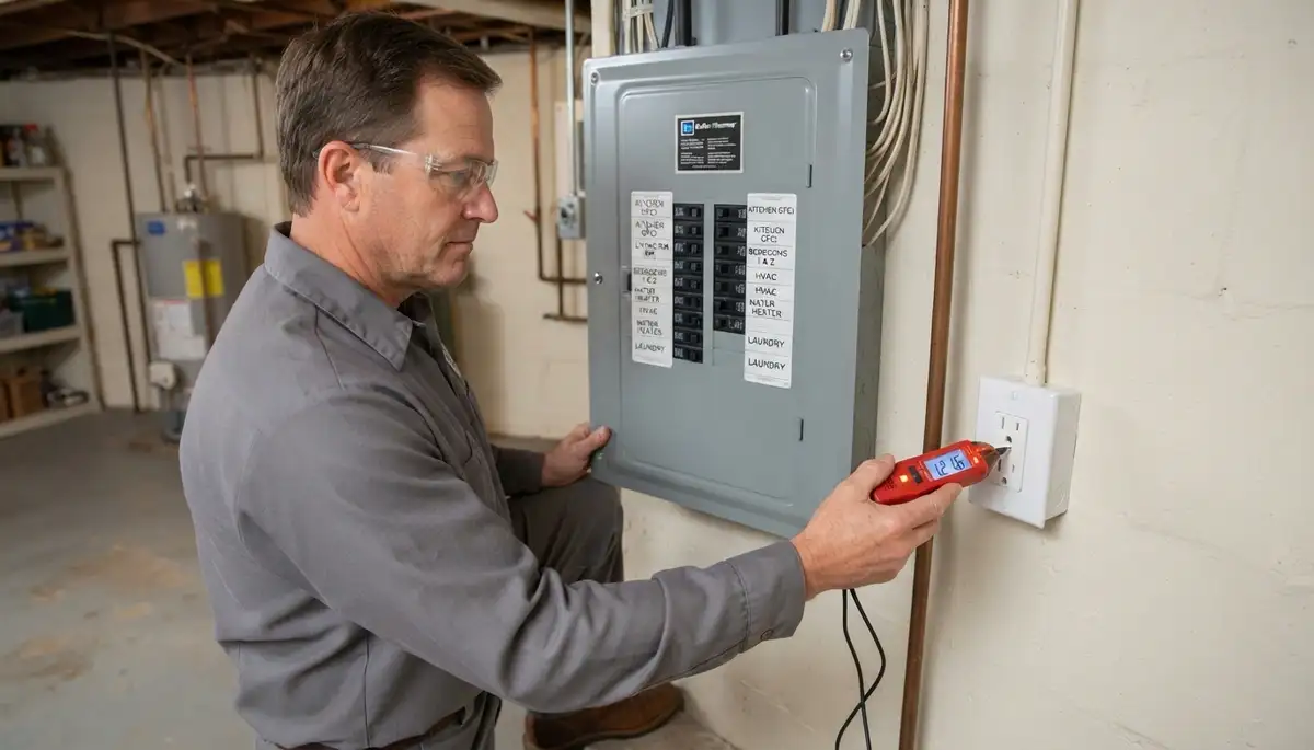 Licensed Cleveland electrician verifies labeled circuits with a voltage tester after an electrical panel upgrade.