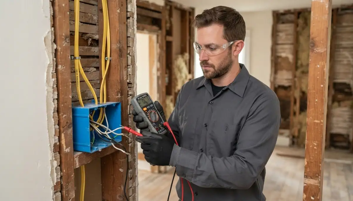 Cleveland, OH electrician uses a circuit tester to verify new wiring continuity and polarity before walls close