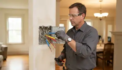 Cleveland, OH electrician organizing identified wires in an open gang box for programmable lighting control.