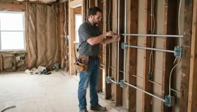 Electrician securing conduit to wall studs during electrical installation in a Cleveland, OH home