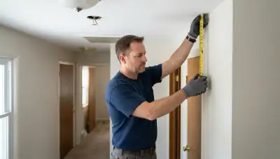 Cleveland, OH electrician measures hallway ceiling for smoke detector placement near bedrooms