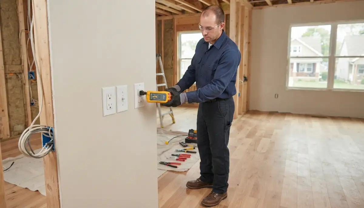 Cleveland, OH electrician installing receptacles and switches, testing circuits in a new construction home