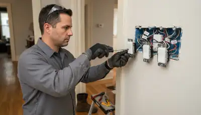 Electrician installs programmable dimmers and controller for separate lighting zones in a Cleveland, OH home