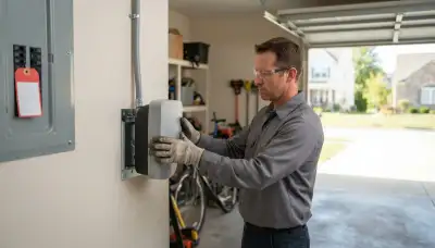 Electrician installing an EV charger in a Bay Village, OH home garage