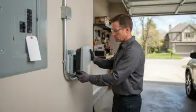 Electrician installing a Level 2 EV charger in a Beachwood, OH garage