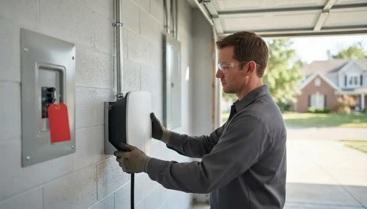 Electrician installing an EV charger with a dedicated circuit at a Berea, OH home