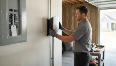Electrician installs a wall-mounted EV charger in a Broadview Heights, OH garage