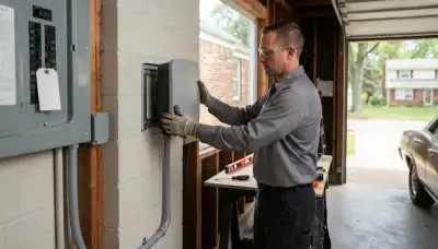 Electrician installing a home EV charger on a wall in Brook Park, OH