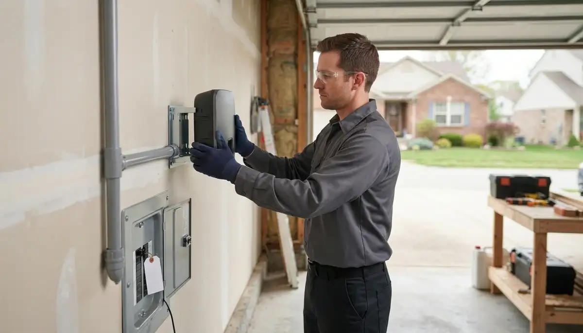 Electrician installing a wall-mounted EV charger at a Brookpark, OH home