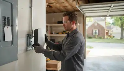 Electrician installing a Level 2 EV charger in a Maple Heights, OH garage