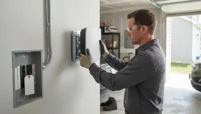 Electrician installs a wall-mounted EV charger with dedicated breaker and conduit in a North Ridgeville, Ohio garage