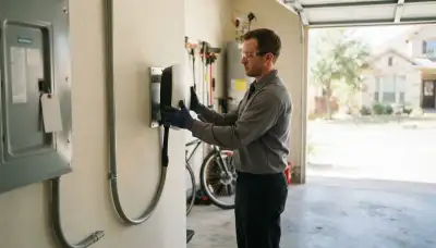 Electrician installing a 240V EV charger and conduit in a Westlake, OH garage