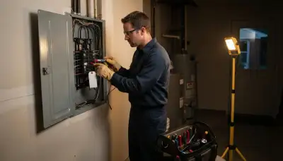 Emergency electrician testing an electrical panel during breaker repair in Brookpark, Ohio