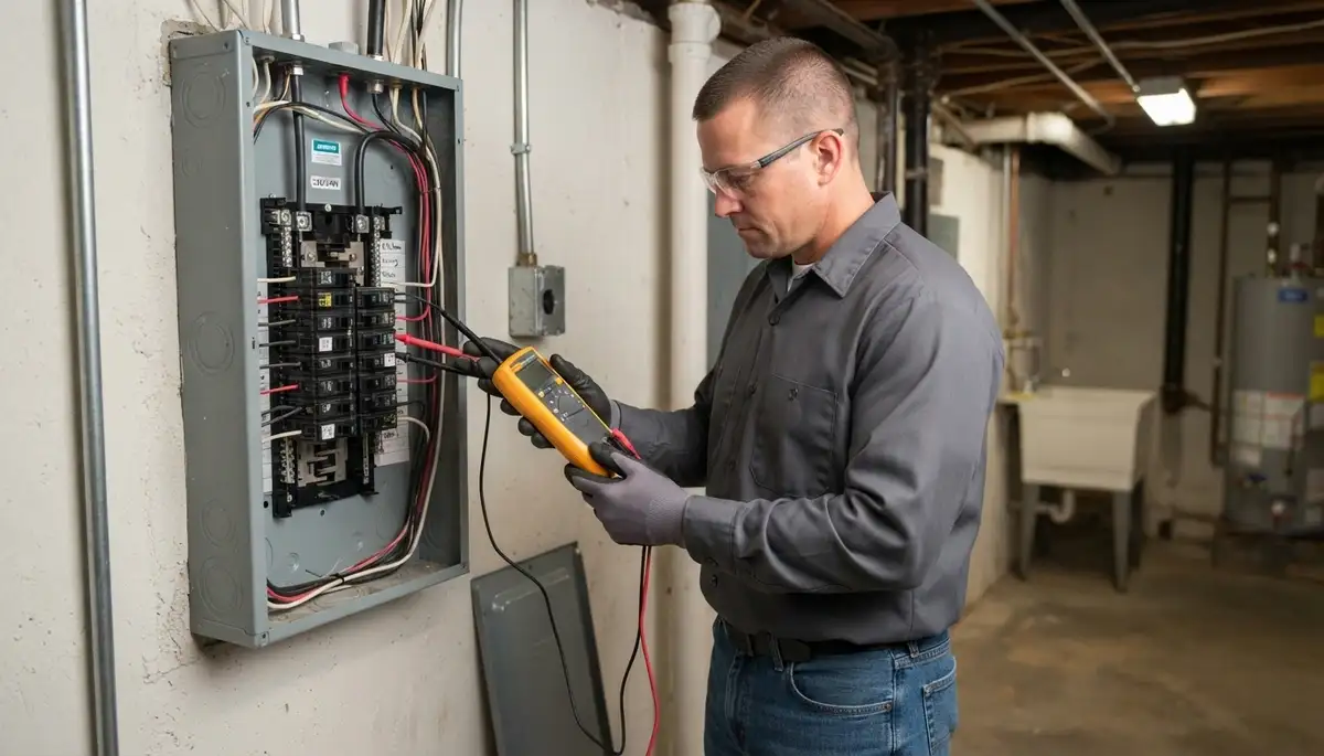 Cleveland, OH electrician tests voltage and polarity at a new electrical panel with a multimeter