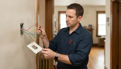 Electrician assessing thermostat control wiring in a Cleveland, OH home before installation