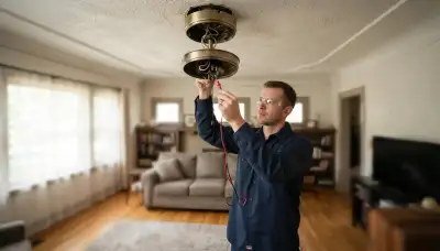 Electrician testing a ceiling fan pull-chain switch with a multimeter during repair in a Cleveland, OH home