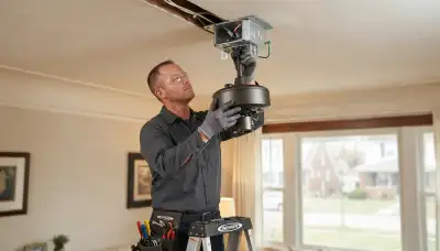Electrician installing a fan-rated ceiling box and motor bracket in a Cleveland, OH home