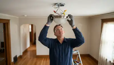 Electrician installing and wiring a ceiling light fixture in a Cleveland, OH home