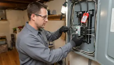 Cleveland, OH electrician installing a GFCI breaker in a home's electrical panel for whole-circuit protection