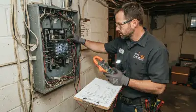 Electrician assessing GFCI circuits in an open breaker panel at a Cleveland, OH home