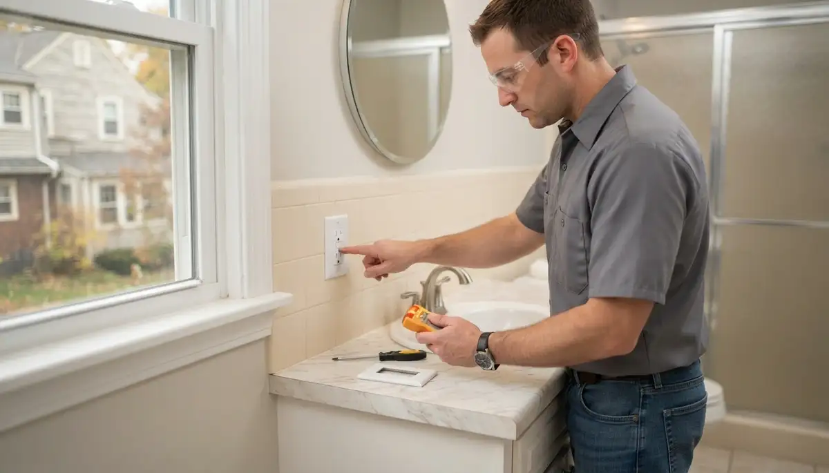 GFCI outlet providing ground-fault protection near a Bay Village, Ohio bathroom sink
