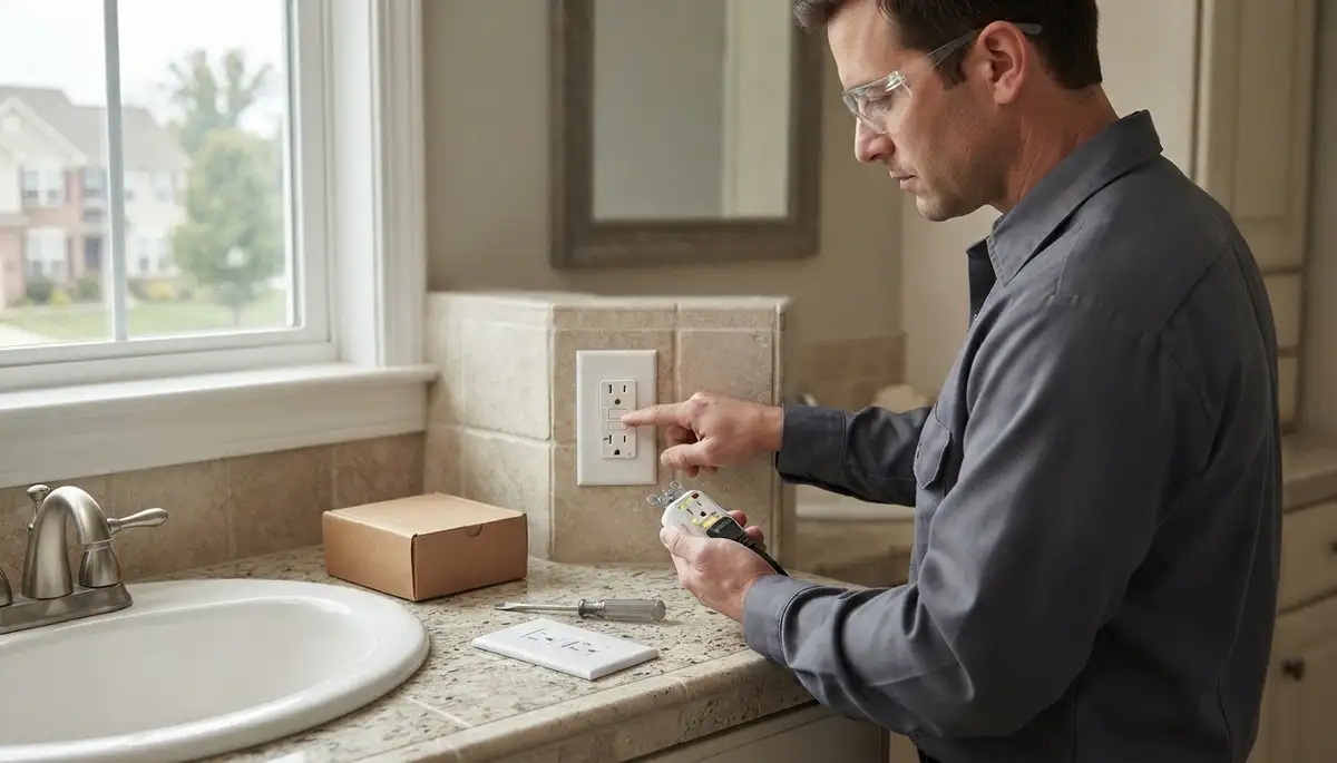 Electrician testing a GFCI outlet near a kitchen sink in Columbia Station, OH homes