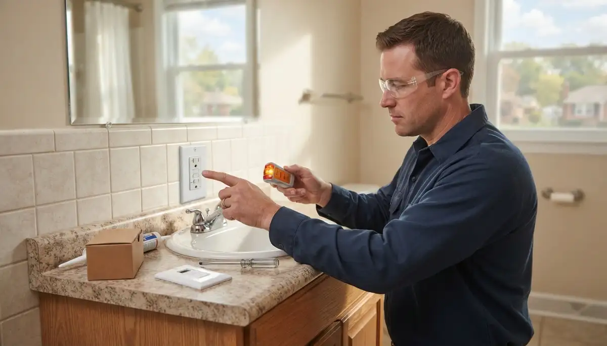 GFCI outlet installation providing ground-fault protection in a Cleveland, OH bathroom