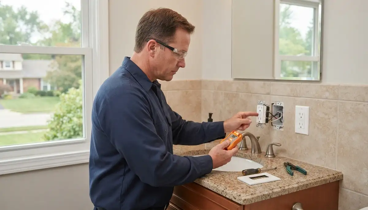 Electrician-installed GFCI outlet protecting a bathroom sink wet area in North Olmsted, OH
