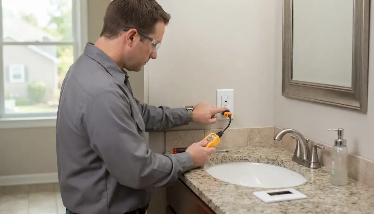 Electrician testing a GFCI outlet near a North Ridgeville, OH kitchen sink