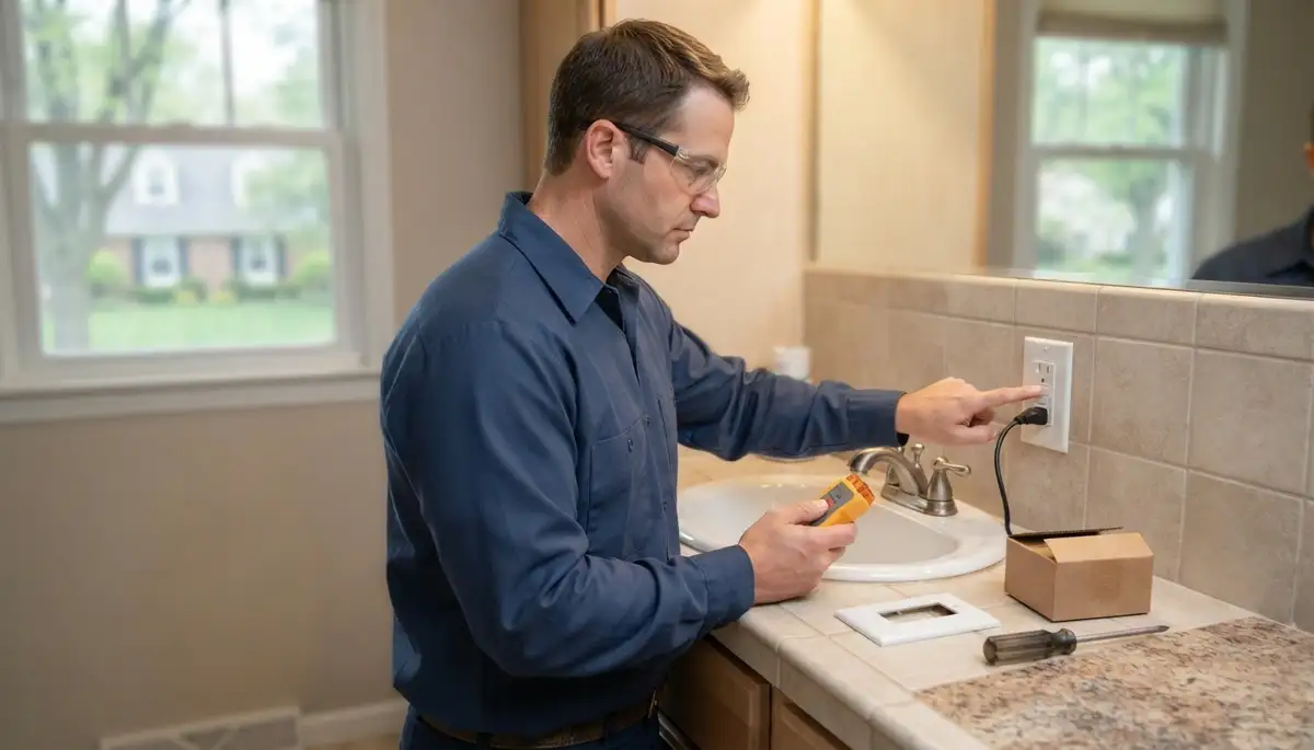 GFCI outlet providing ground-fault protection near a bathroom sink in an Olmsted Falls, OH home