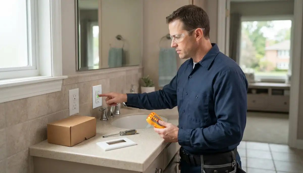 Professional electrician installing a GFCI outlet in a Seven Hills, Ohio bathroom for wet-area safety