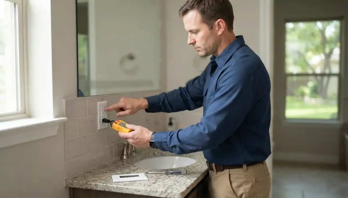 Electrician installing a GFCI outlet in a wet area of a Cleveland, OH home