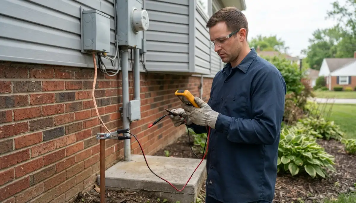 Electrician tests ground path continuity with a meter for surge protection in Cleveland, OH