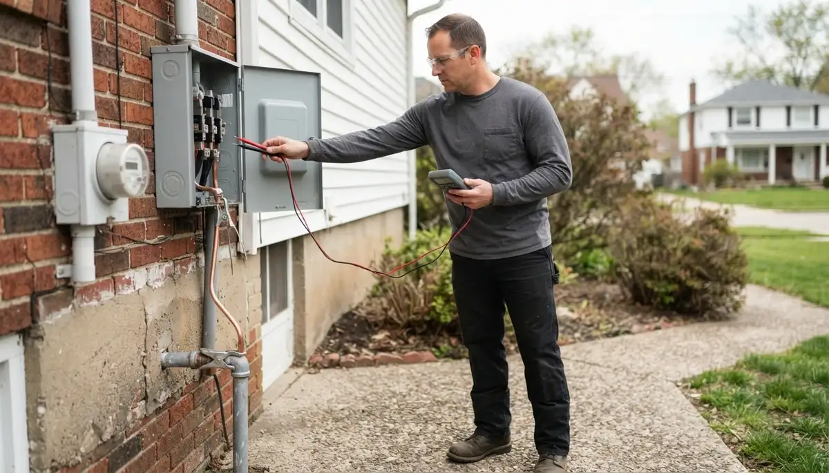 Cleveland, OH electrician tests grounding and service voltage with a multimeter at an electrical panel