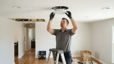 Cleveland, OH electrician installing trim rings on recessed lighting housings flush with drywall