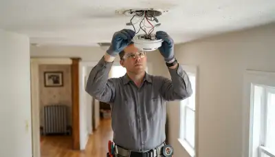 Electrician wiring an interconnected smoke detector to a ceiling base in a Cleveland, OH home