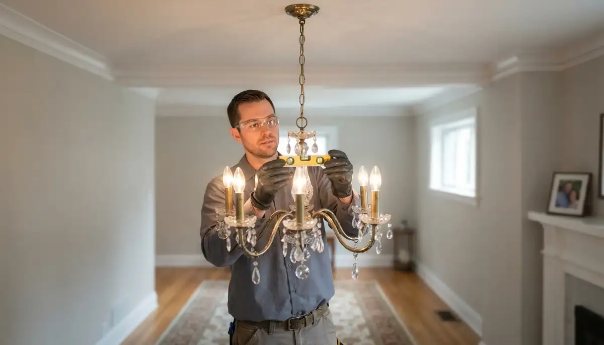 Cleveland, OH electrician uses a spirit level to verify chandelier alignment and test smooth dimming after installation