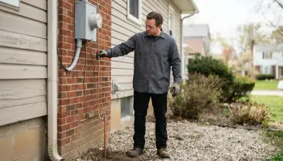 Electrician tracing grounding electrode conductor from meter to ground rod during Cleveland, OH lightning assessment
