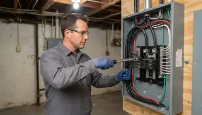 Electrician in Cleveland, OH torques feeder conductors and bonds neutral and ground bars in an electrical load center