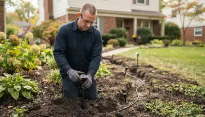 Technician installs low-voltage landscape lighting and buried cable in a Cleveland, OH planting bed