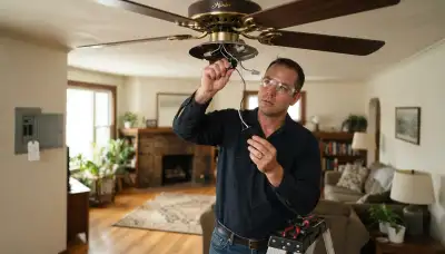 Cleveland electrician replacing a ceiling fan capacitor and securing motor wiring with a breaker lockout tag